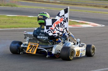 Cian Fothergill celebrating his Pro Light (KF1) victory. Pic: photowagon.com.au