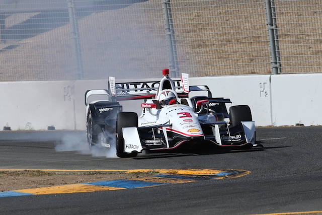 Helio Castroneves locks up going into Turn 9 at Sonoma during practice