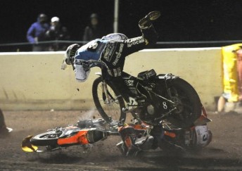 Chris Holder (airborn) has suffered more injuries than first thought (PIC: Poole Pirates)