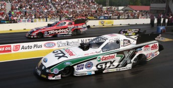Courtney Force (far lane) beat father, John in the first New England Nationals