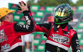 James Courtney and jack Perkins celebrate an emotional victory on the Gold Coast