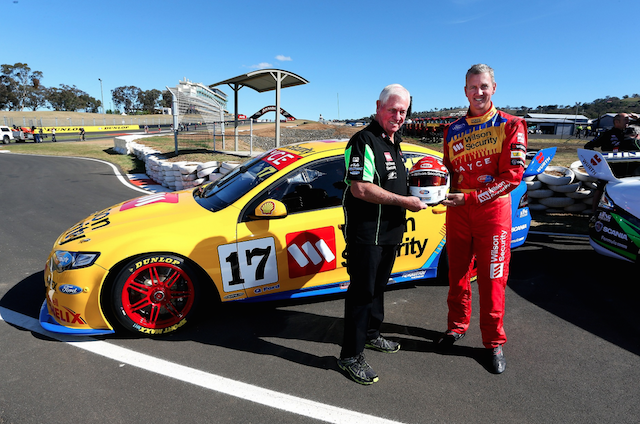 Dick and Steven Johnson with the tribute helmet and retro-themed Falcon