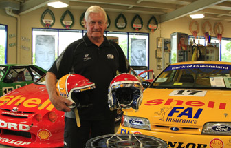 V8 legend Dick Johnson with his original helmet and the unique artwork