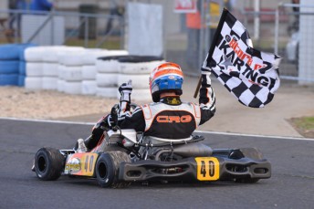 Dutch driver Joey Hanssen celebrating his second straight Pro Gearbox (KZ2) win (Pic: AF Images/Budd)