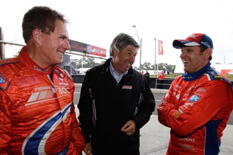 Darrell Waltrip with fellow Speed TV commentator Mike Joy and Jason Bright