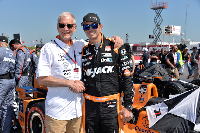 Rahal with his co-driver team, the former Late Show host David Letterman earlier this year