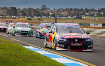 Dumbrell leads Owen and Wood away at the Safety Car restart