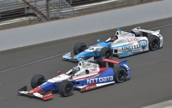 EJ Viso (#27), running on the outside of Ryan Briscoe (#8), tops day 3 of practice 