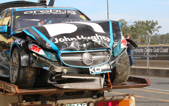 The damage to the front-end of the Erebus Mercedes