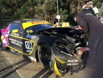 The wreckage of the Erebus Motorsport run Mercedes AMG GT3 at Phillip Island 