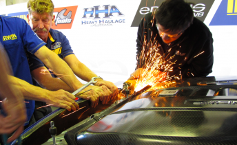 The Erebus crew were still welding parts of the #47 Mercedes as the session began