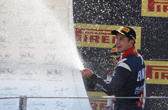 Mitch Evans celebrates victory at Monza 