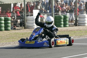 Mason Merritt crossing the line for victory in Clubman Light at the 2006 Nationals. Pic: Paul Carruthers