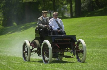 Edsel B Ford being chauffered in the Ford Sweepstakes with Henry Ford Museum curator 