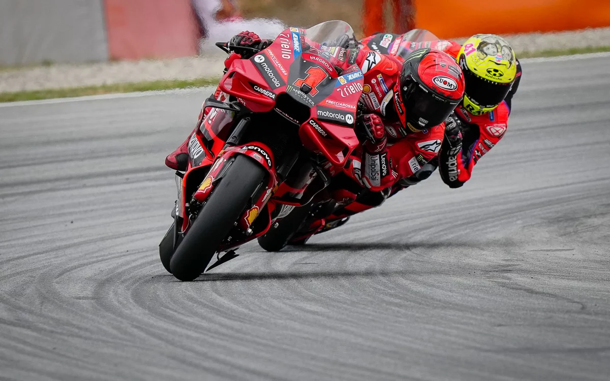 Francesco Bagnaia leads Maverick Viñales Catalunya Sprint. Image: Supplied