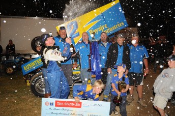 Shane Stewart celebrating his win in the Grand Annual Sprintcar Classic last night. Pic: photowagon.com.au