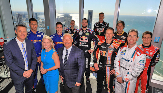 Supercars CEO James Warburton (left) at the Castrol Gold Coast 600 launch atop the Q1 building