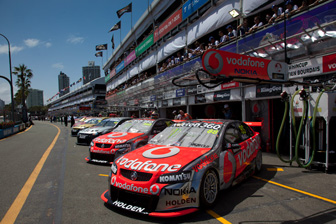 The V8 Supercars in the Armor All Gold Coast 600 pit lane
