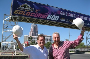Queensland Minister for Sport, Phil Reeves and V8 Supercars Acting CEO, Shane Howard unveil the first Armor All Gold Coast 600 bridge in 2011