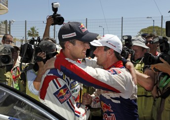 Ogier is congratulated by second-placed Sebastien Loeb. Photo: GEPA pictures/ Citroen