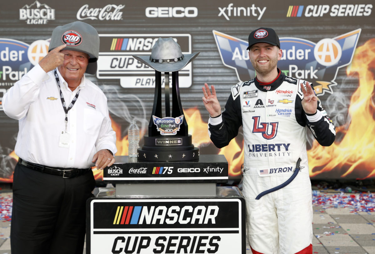 Rick Hendrick and William Byron celebrate Hendrick Motorsports' 300th NASCAR Cup Series race win. Image: Chris Graythen/Getty Images