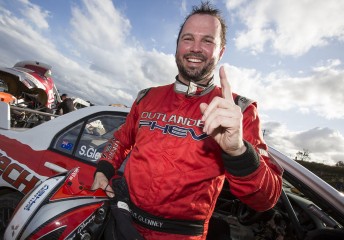 Steve Glenney celebrates victory at the inaugural Extreme Rallycross Championship round at Lakeside Raceway Pic by Matt Jelonek