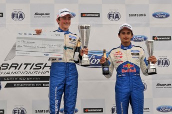 Zane Goddard (left) celebrates victory at Silverstone with countryman and British F4 title rival Luis Leeds pic: PSP Images
