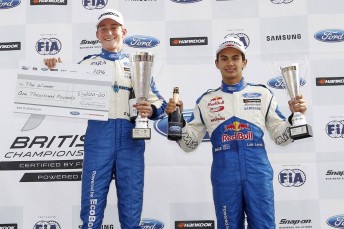 Australian stars Zane Goddard and Luis Leeds celebrate on the British F4 podium Pic: PSP Images 