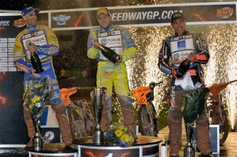 Danish rider Kenneth Bjerre celebrating on the podium in Sweden