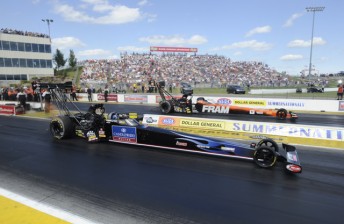 Dave Grubnic (near lane) won his third NHRA Top Fuel event at Topeka 