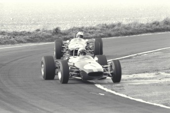 Sir Jack Brabham leading his team-mate Denny Hulme at Snetteron in 1967. This is the car which David will drive at Brands Hatch this weekend