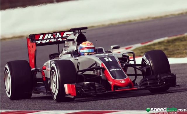 Romain Grosjean behind the heel of the Haas F1 VF-16