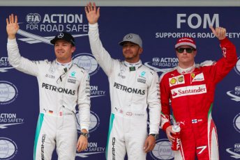 Lewis Hamilton celebrates pole position 
