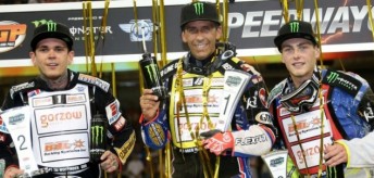 Greg Hancock (c) is flanked by Tai Woffinden (l) and Darcy Ward.