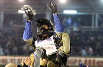Greg Hancock gets the traditional 'three bumps' after his SGP Championship win
