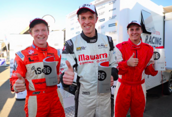 Cameron Hill (centre) celebrates victory at Sydney Motorsport Park
