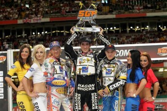 Aussies Chris Holder and Jason Crump on the podium in the British Speedway Grand Prix at Cardiff
