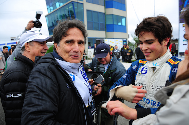 Nelson Piquet with son Pedro after an F3 win at Curitiba in their native Brazil