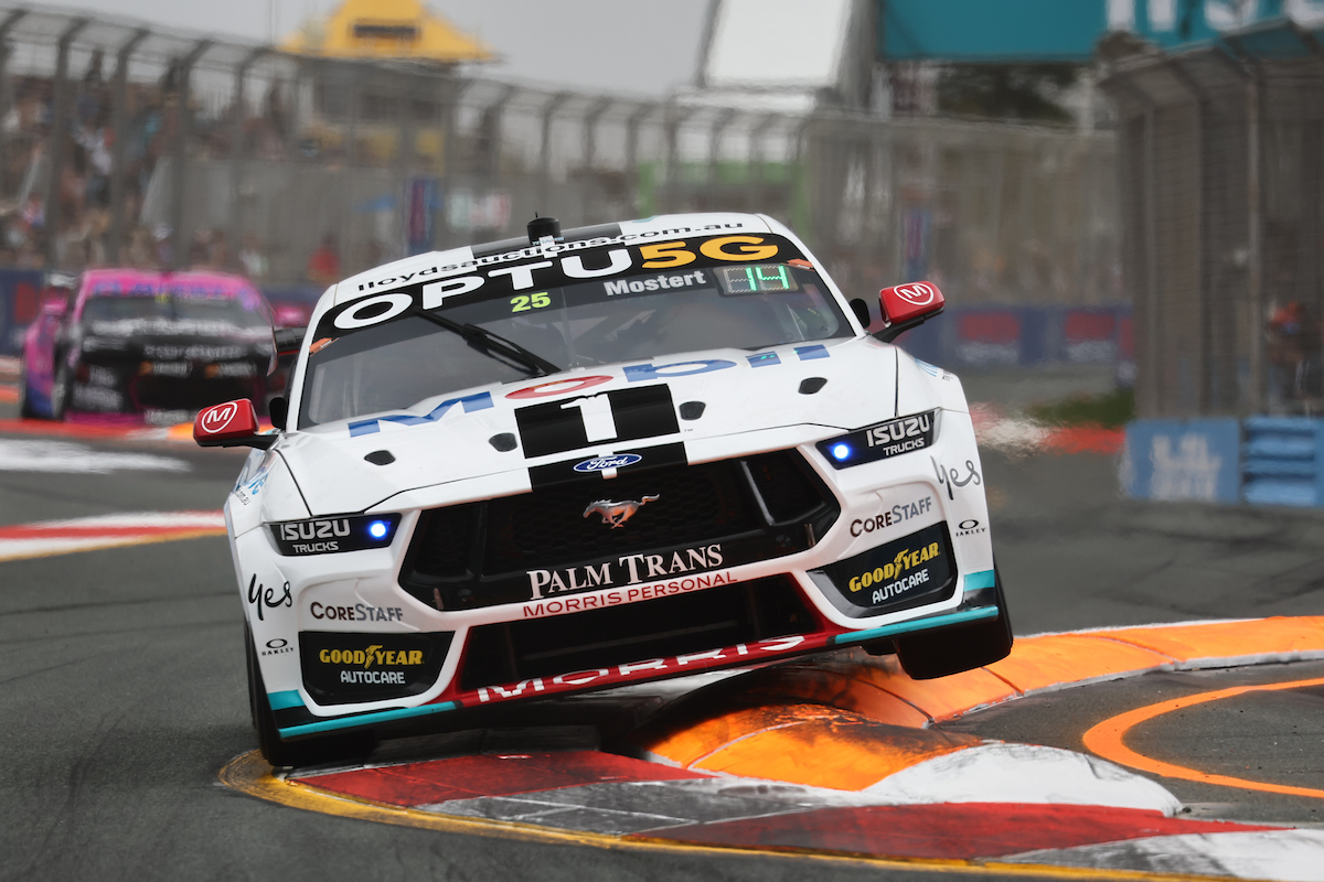 Chaz Mostert drives his Walkinshaw Andretti United Ford Mustang Supercar through the Beach Chicane at the Surfers Paradise Street Circuit in Practice 1 at the 2023 Gold Coast 500