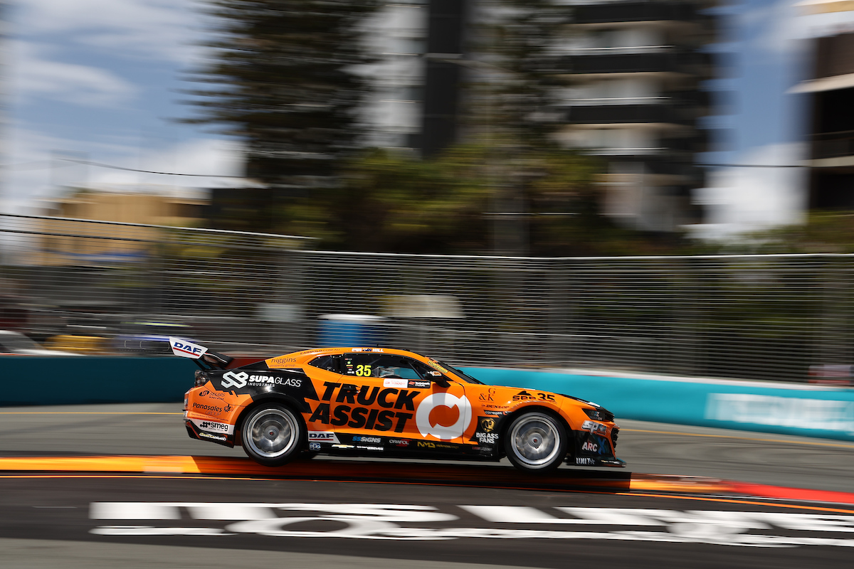 Matt Stone Racing driver Cameron Hill drives through the front chicane of the Surfers Paradise Street Circuit in a qualifying session at the 2023 Supercars Gold Coast 500