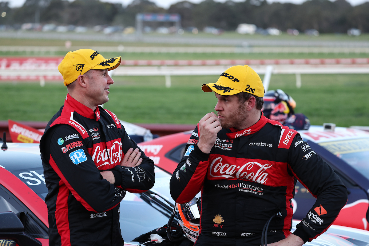 Brodie Kostecki (right, with co-driver David Russell) after finishing second in the Sandown 500. Image: InSyde Media