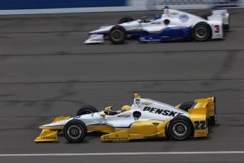Simon Pagenaud, foreground, claims maiden pole for Team Penske at Fontana ahead of his team-mate Helio Castroneves in the #3 machine