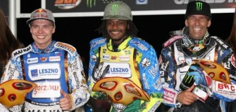 Antonio Lindback (centre) is flanked by Emil Sayfutdinov (left, second) and third placed Greg Hancock. 