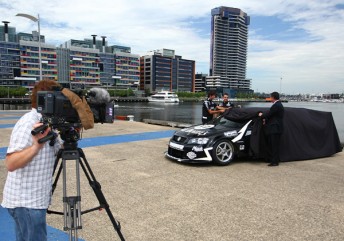 Cameras roll as the 2010 Jack Daniel's Racing Commodore is unveiled in Docklands, Melbourne