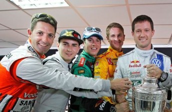From left: Whincup, Jorge Lorenzo, Benito Guerra, Ryan Hunter-Reay and Sebastien Ogier with the ROC trophy