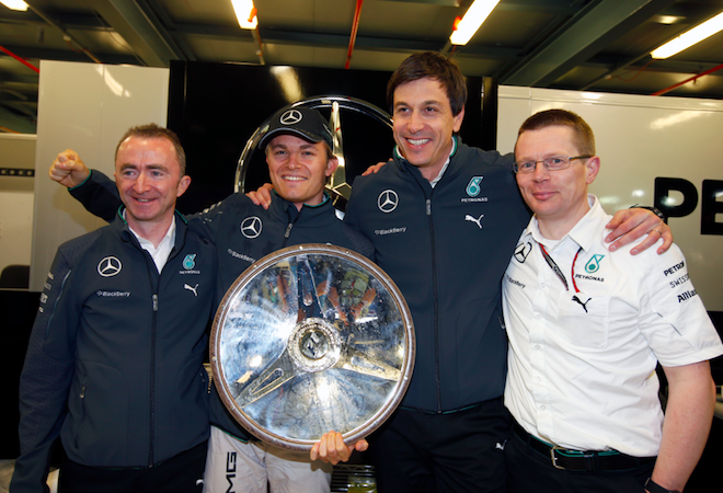 Nico Rosberg with the Australian GP trophy after winning at Albert Park earlier this year
