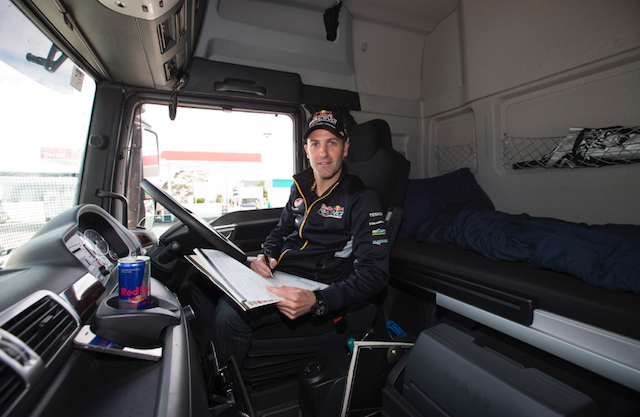 Jamie Whincup aboard the Red Bull transporter