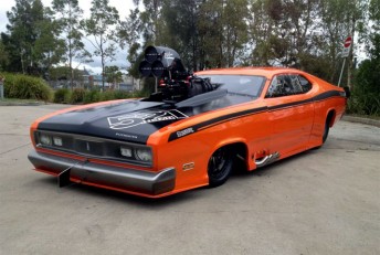 The tough looking Plymouth Duster that American Mike Janis will thunder down Sydney Dragway