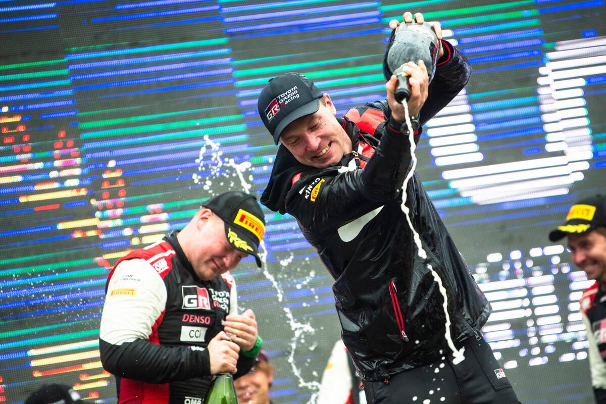 Jari-Matti Latvala celebrates on the podium  after Toyota Gazoo Racing won WRC manufacturers title. Image: Red Bull Content Pool