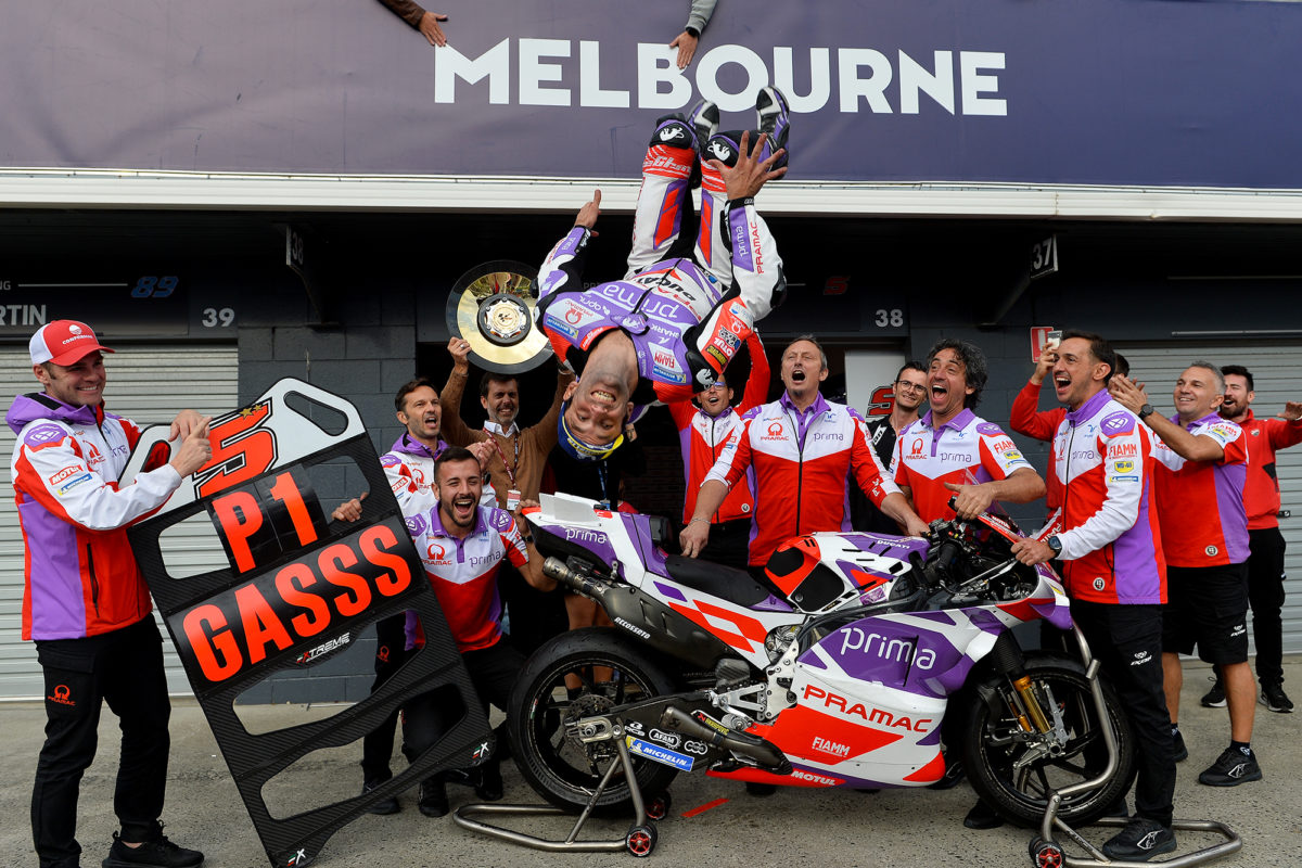 Johann Zarco celebrates his breakthrough MotoGP race win. Image: Russell Colvin